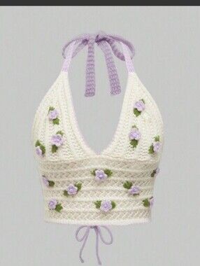 Kawaii Crochet Halter Crop Top with Lavender 3D Flowers, L(8-10)
